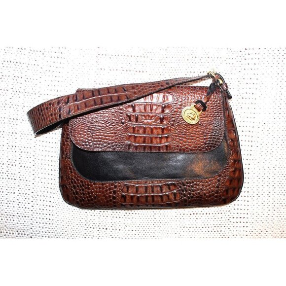 Vintage BRAHMIN Tuscan Crocodile Black & Brown Leather Shoulder Textured Purse - Picture 1 of 11